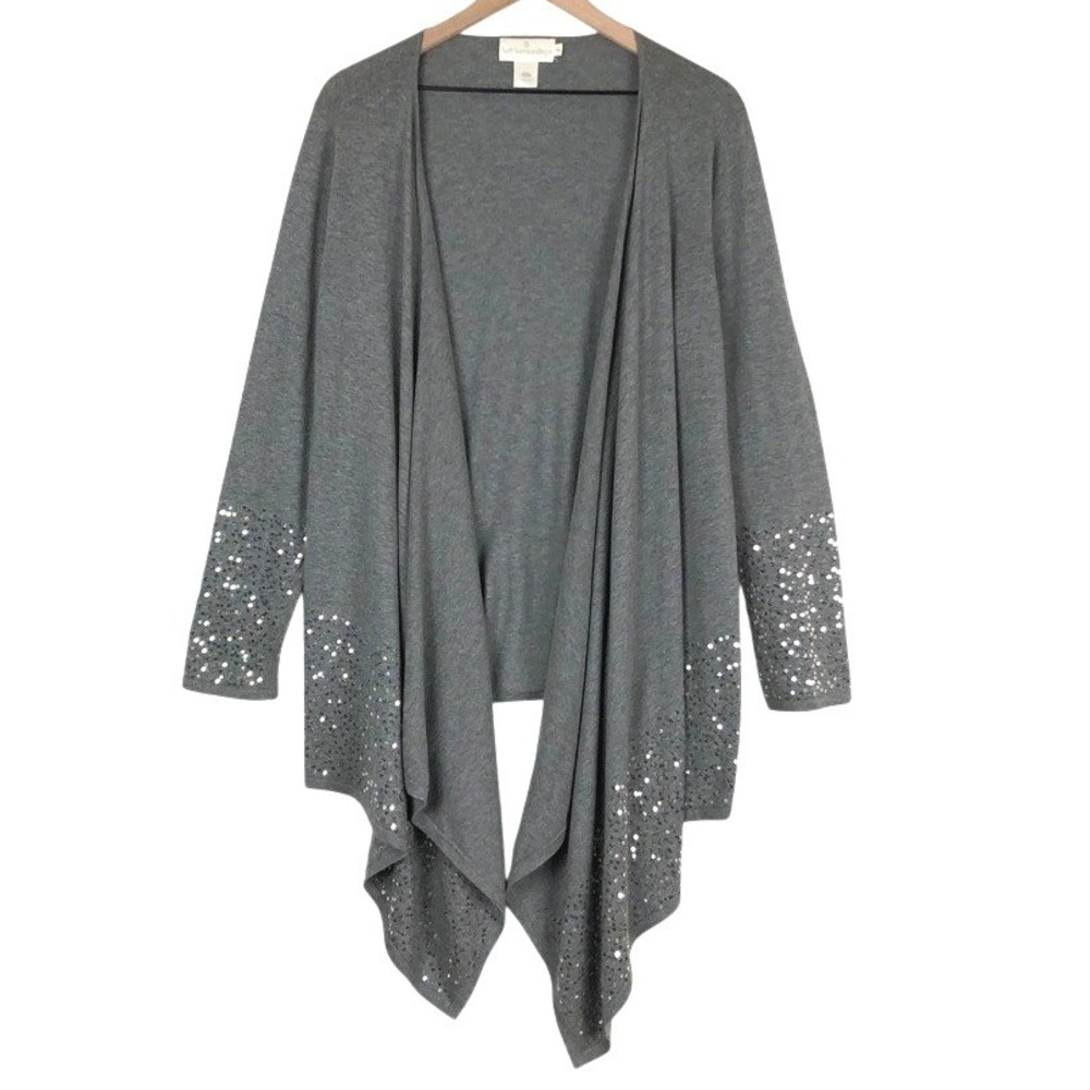 SOFT SURROUNDINGS 100% Cotton Longline Sequin Waterfall Open Cardigan Sz M Grey